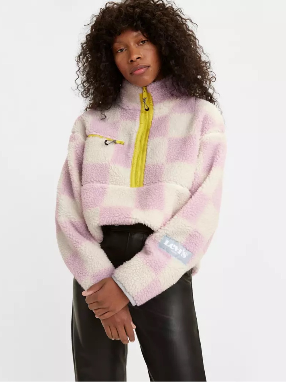 Levi's Pink & Cream Check Sherpa Half-Zip Jacket with Yellow Zip